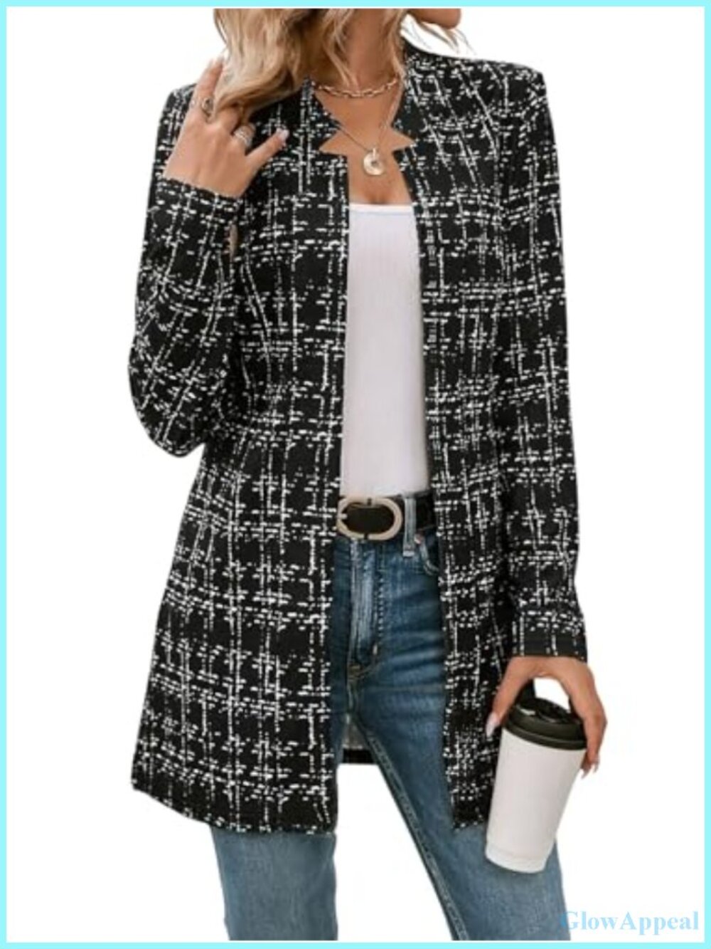 Plaid Tweed Blazer Notch Lapel Open Front Long Sleeve Slim Fit Business Casual